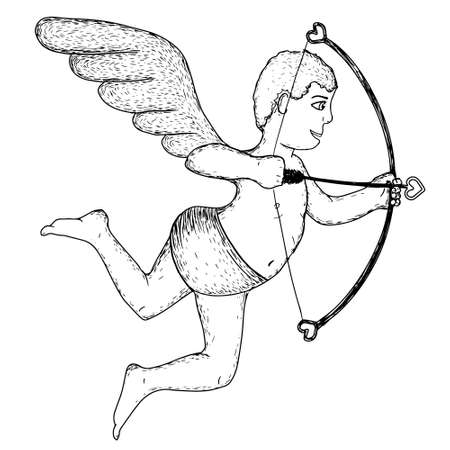Vector illustration for Valentines Day. Red Isolated Flying Cupid with bow hand-drawn in strokesのイラスト素材