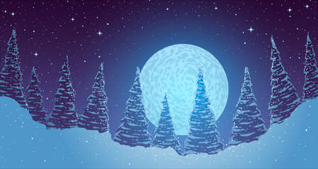 Vector abstract winter panorama landscape. Pine trees in snow forest at starry night with full moonの写真素材