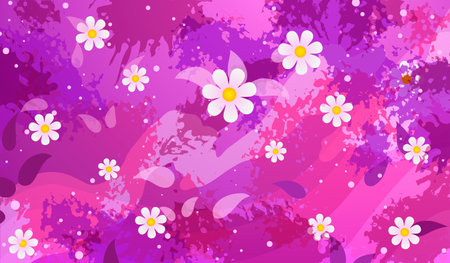 Vector spring abstract flat background. Flowers and leaves on purple pink background with splashes of paint.のイラスト素材