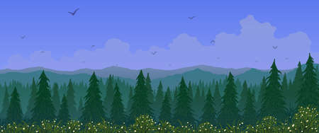 Spring cartoon landscape. Fir trees among flowering meadow green grass and mountainsのイラスト素材