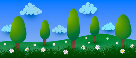 Summer cartoon landscape. Vector clouds, birds and trees on green flowering grassのイラスト素材