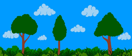 Summer cartoon landscape. Vector clouds, birds and trees on green grassのイラスト素材