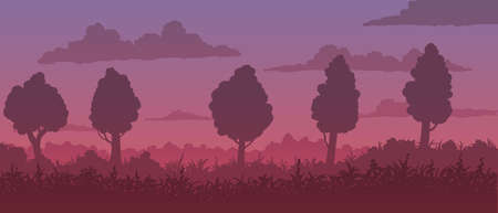 Vector landscape. Silhouette of trees among flowering meadow at sunset.のイラスト素材