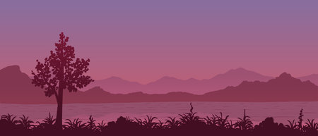 Silhouette of tree on grassy flowering river bank among mountains in vectorのイラスト素材