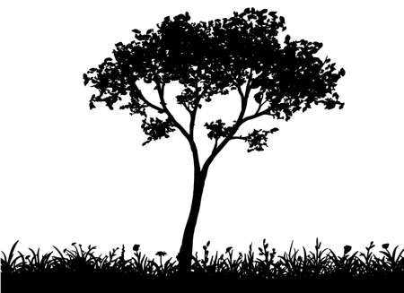 Green vector tree on flowering grass silhouette isolated on white backgroundのイラスト素材