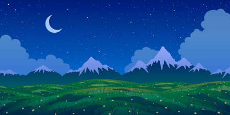 Spring vector landscape. Mountains and flowering meadow at starry night. Abstract flat illustration.のイラスト素材