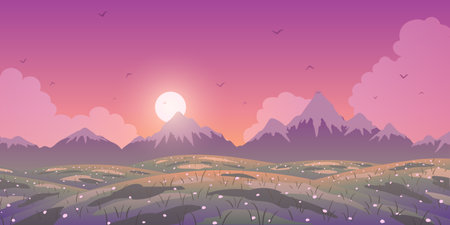 Spring vector colorful landscape. Mountains and flowering meadow at sunsetのイラスト素材