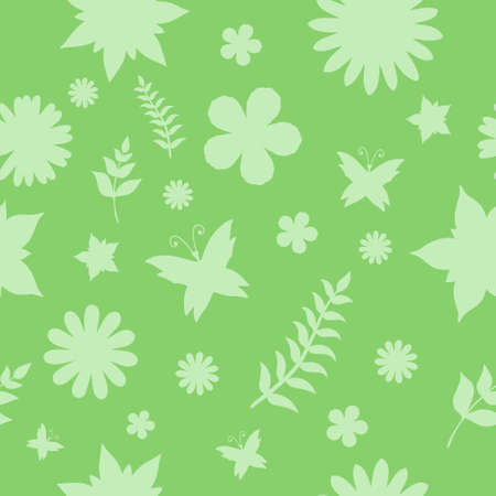 Spring vector green seamless background with flowers, leaves and butterflyのイラスト素材