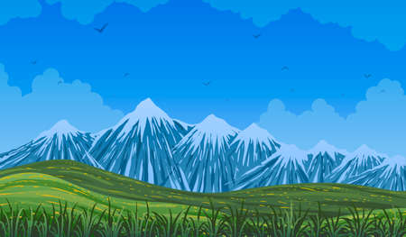 Spring vector landscape. Mountains and flowering meadow.のイラスト素材