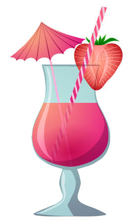 vector illustration strawberry cocktail with straw and umbrella isolated on white backgroundのイラスト素材