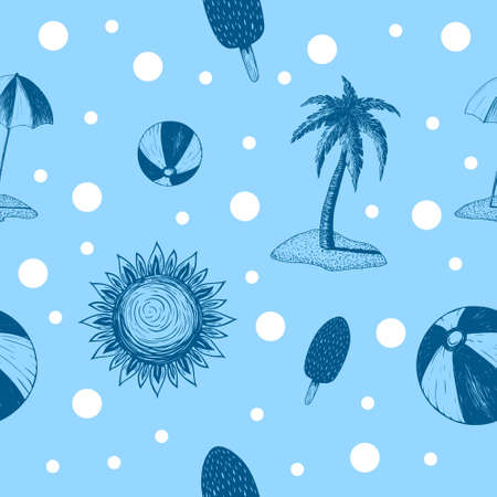 vector summer seamless blue background with objects in strokesのイラスト素材