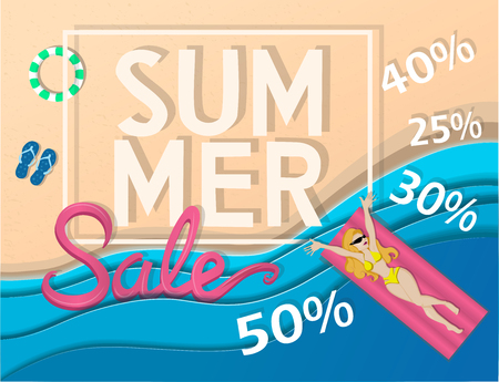 Summer sale banner, signboard, decor for the store. Top view of beach and sea, background, vector. Girl in swimsuitの写真素材
