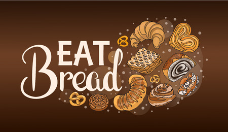 Decor for a shop or cafe with pastries, bread, baking. Bakery store, bread house, handwritten illustration with lettering. Signboard, vectorのイラスト素材