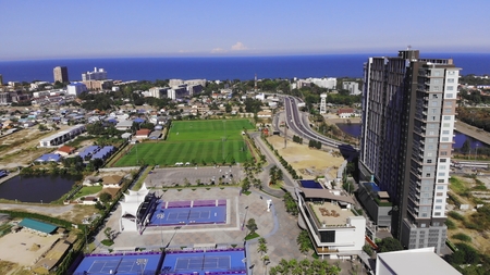 Top view of the beautiful seascape in Hua Hin in Prachuap Khiri Khan Province, Thailand, aerial view on the coastline, sea and the city of Hua Hinの写真素材