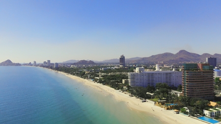 Top view of the beautiful seascape in Hua Hin in Prachuap Khiri Khan Province, Thailand, aerial view on the coastline, sea and the city of Hua Hinの写真素材