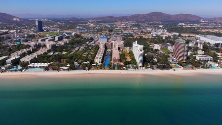 Top view of the beautiful seascape in Hua Hin in Prachuap Khiri Khan Province, Thailand, aerial view on the coastline, sea and the city of Hua Hinの写真素材