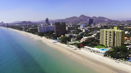Top view of the beautiful seascape in Hua Hin in Prachuap Khiri Khan Province, Thailand, aerial view on the coastline, sea and the city of Hua Hinの写真素材
