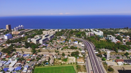 Top view of the beautiful seascape in Hua Hin in Prachuap Khiri Khan Province, Thailand, aerial view on the coastline, sea and the city of Hua Hinの写真素材