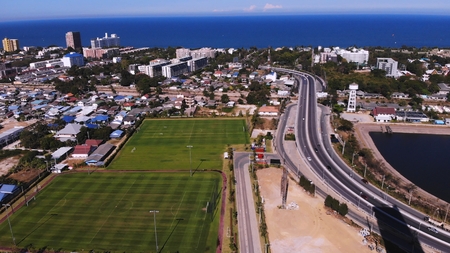 Top view of the beautiful seascape in Hua Hin in Prachuap Khiri Khan Province, Thailand, aerial view on the coastline, sea and the city of Hua Hinの写真素材