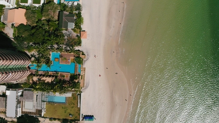 Top view of the beautiful seascape in Hua Hin in Prachuap Khiri Khan Province, Thailand, aerial view on the coastline, sea and the city of Hua Hinの写真素材