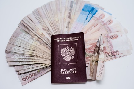 Concept Preparing for travel, concept, money, passport, plane, closeup.の写真素材