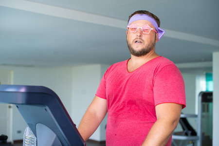 Funny fat male in pink glasses and in a pink t-shirt is engaged on a treadmill in the gym depicting...