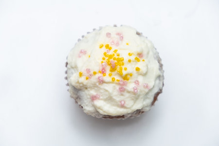 Cake. Cup cake on white table, on white background