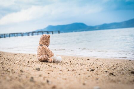 Teddy bear sit alone at the seashore.の写真素材