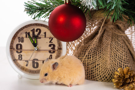 Happy Chinese New Year 2020 of the rat. Portrait of a cute white rat on a background of a Christmas tree in lights, a symbol of the new year. Copy space, animalの写真素材