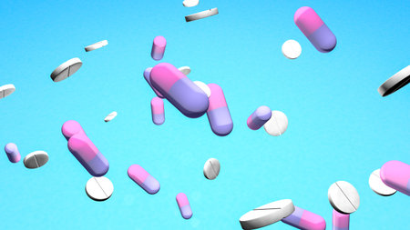 3D rendered different type of flying pink and purple pills on a blue background