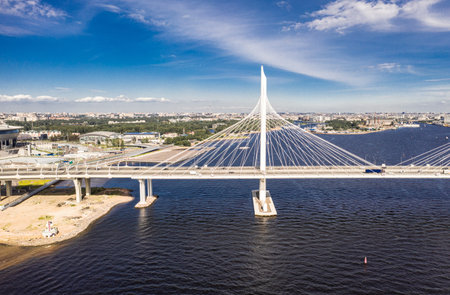 The cable-stayed bridge across the Petrovsky fairway of the western high-speed diameter. St. Petersburg. Russiaの写真素材