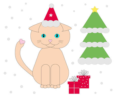Cute beige cat in a santa hat with a pink heart on the tail and nose next to New Years gifts and a Christmas tree on a white background with falling snow, vector image.のイラスト素材