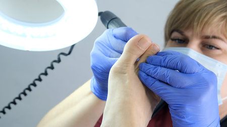 Patient on medical pedicure procedure, visiting podiatrist.Professional hardware pedicure using...