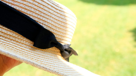 straw hat against the backdrop of a beautiful blue sky and flower garden in sunlight.の写真素材