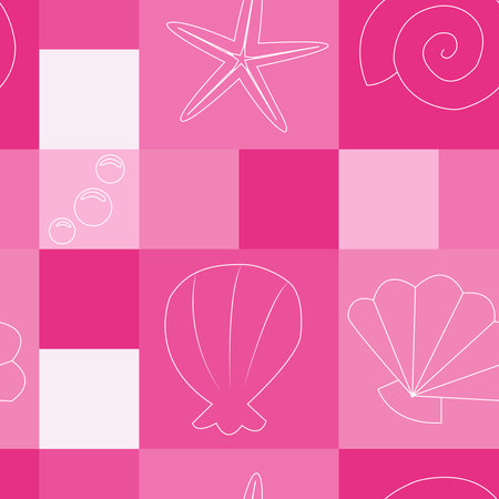 pattern, colored squares with seashells. it can be used as a print for fabrics (sheets, towel, T-shirt, bedspread, etc.), any materials. like a poster or a postcardのイラスト素材