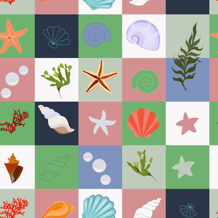 pattern, colored squares with seashells. it can be used as a print for fabrics (sheets, towel, T-shirt, bedspread, etc.), any materials. like a poster or a postcardのイラスト素材