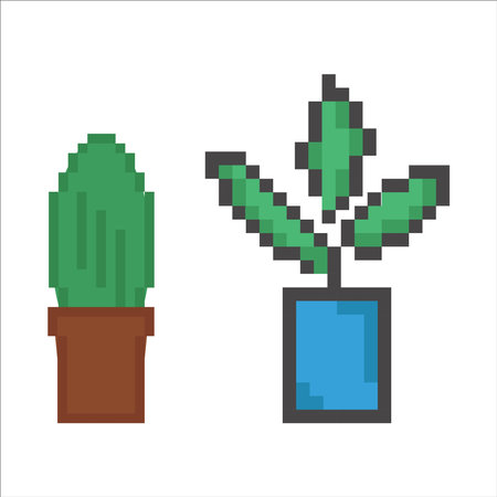 icons in pixel art style, retro style icons, squares. icon-plant, flower, cactusのイラスト素材
