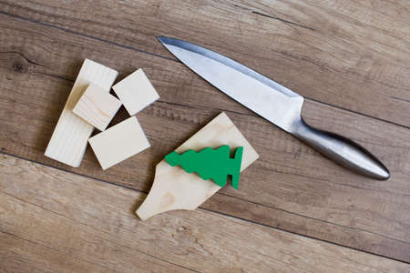deforestation. knife and cutting Board with a figure of the tree symbolize the destruction of forestsの写真素材