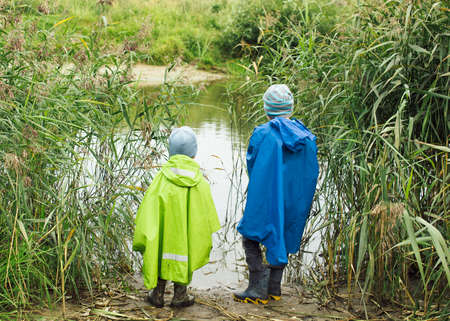 Children at a pond. two children in raincoats walking in the tall grass by the pondの写真素材