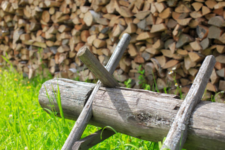 sawhorse. Traditional sawhorse for sawing logs for firewoodの写真素材