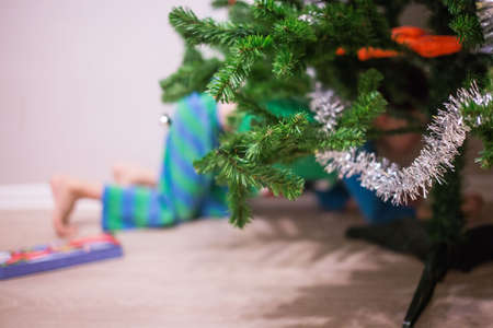 search Christmas gifts. the child is looking for gifts under the Christmas treeの写真素材