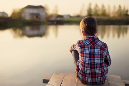 daydream. child dreaming sitting on a wooden pier near the water and looking at the house and the people on the other sideの写真素材