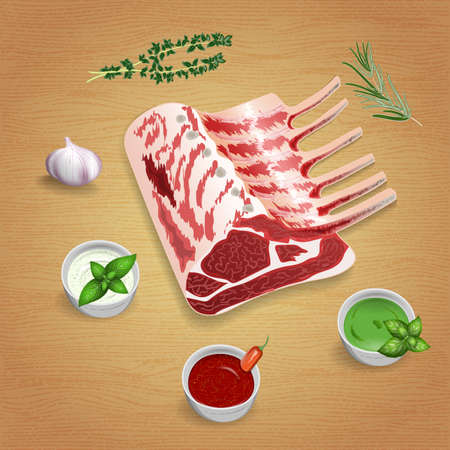Crude organic lamb chops with herbs and sauces on the board. For use as logos on cards, in printing, posters, invitations, web design and other purposes.のイラスト素材