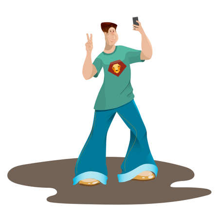 The happy young man left-handed in the cartoon style makes selfie. For use as logos on cards, in printing, posters, invitations, web design and other purposes.のイラスト素材