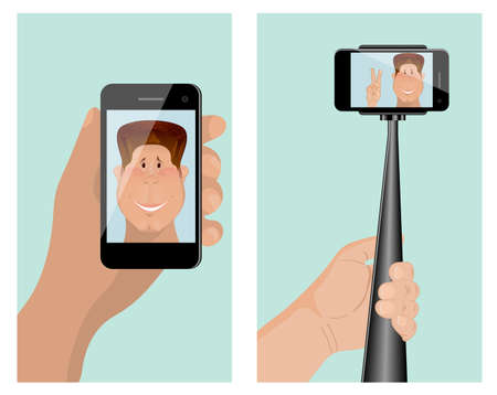 Taking a self portrait with monopod. Self Portrait Tool For Smartphone. For use as logos on cards, in printing, posters, invitations, web design and other purposes.のイラスト素材