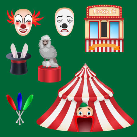 Circus set: Clown, box office, hat with a rabbit, a trained poodle, a circus tent, a mace. For use as logos on cards, in printing, posters, invitations, web design and other purposes.のイラスト素材
