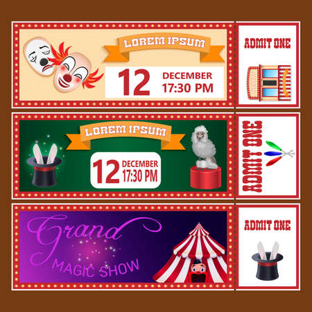 Circus show tickets vector templates with sample text on brown background. For use as logos on cards, in printing, posters, invitations, web design and other purposes.のイラスト素材