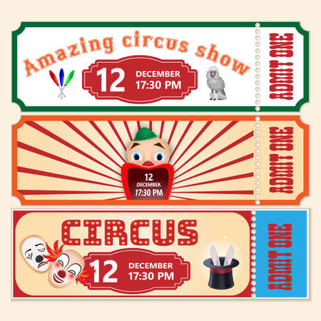 Circus show tickets vector templates with sample text on white background. For use as logos on cards, in printing, posters, invitations, web design and other purposes.のイラスト素材
