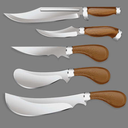 Set the hunting knife with a wooden handle in a realistic style for use as logos on cards, in printing, posters, invitations, web design and other purposes.のイラスト素材