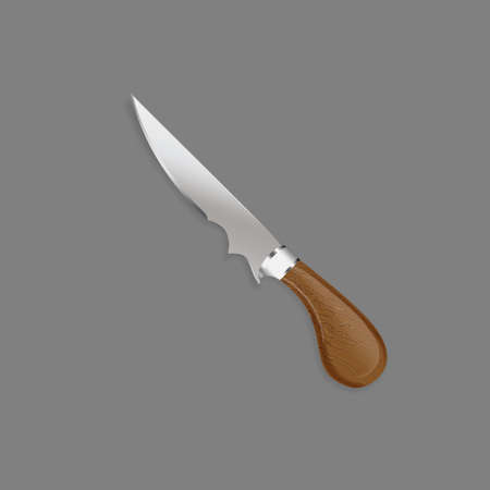 Hunting knife with wooden handle in a realistic style for use as logos on cards, in printing, posters, invitations, web design and other purposes.のイラスト素材
